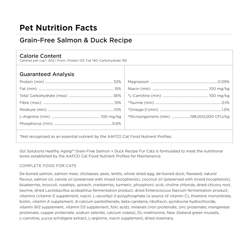 Go! Solutions Healthy Aging Salmon + Duck Recipe for Cats Pet Nutrition Facts
