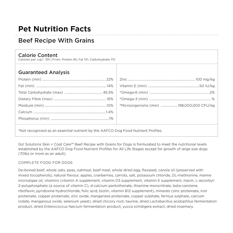 Go! Skin + Coat Care Beef Recipe for Dogs Pet Nutrition Facts
