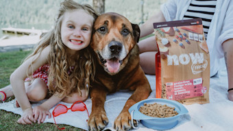 Young girl and dog having a picnic