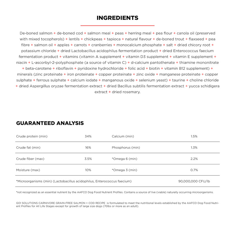 Go! Solutions Carnivore Grain-Free Salmon + Cod Recipe dog food ingredients