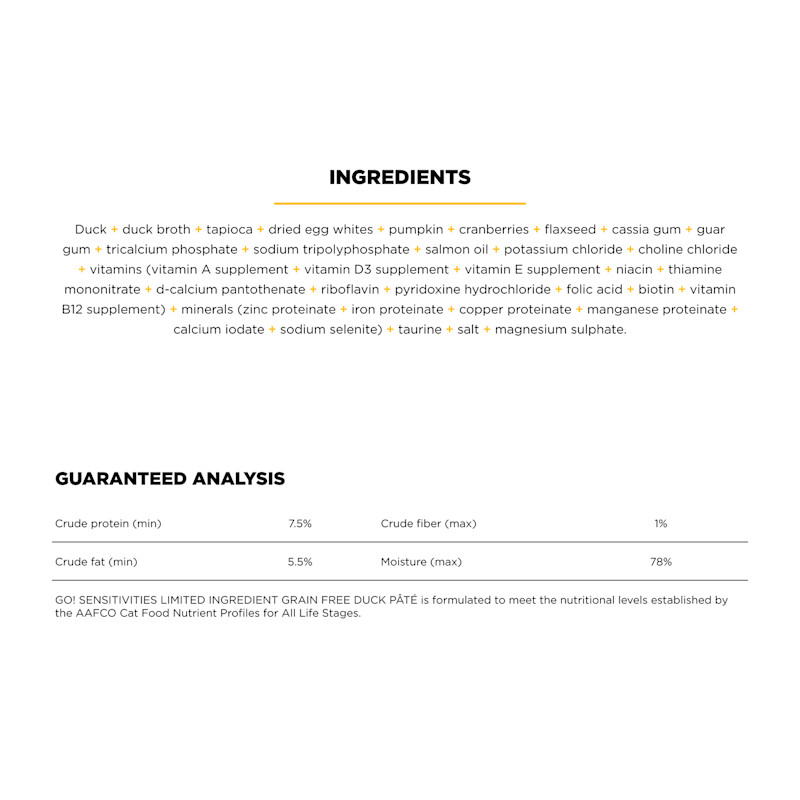 Go! Solutions Sensitivities Limited Ingredient Grain-Free Duck Pâté wet cat food ingredients