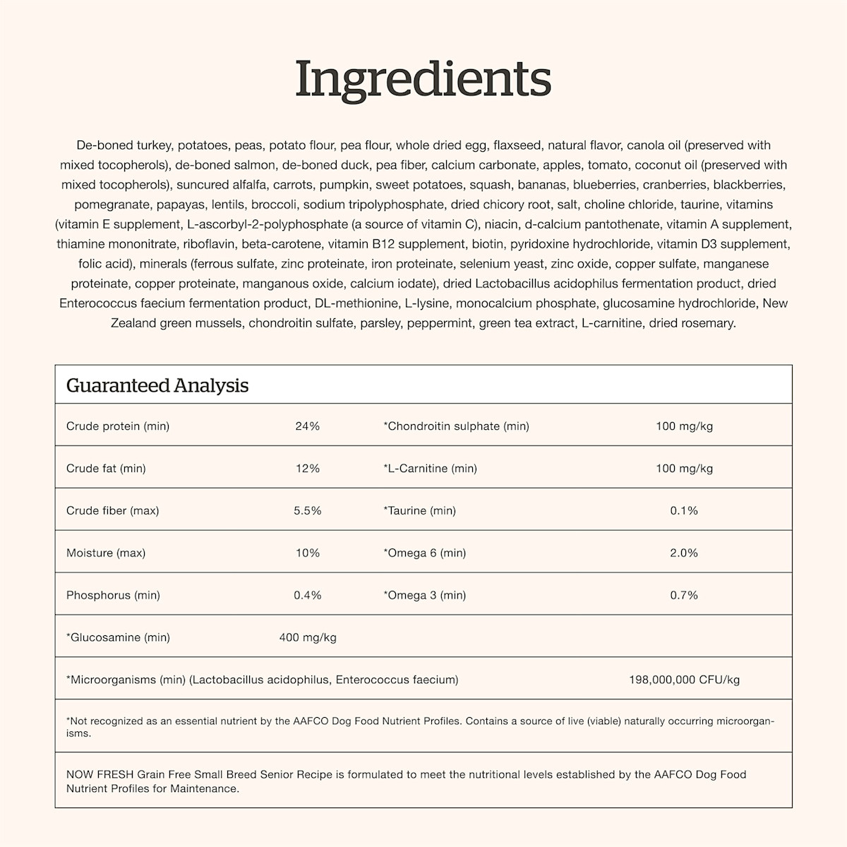 Now Fresh Small Breed Senior Recipe dog food ingredients
