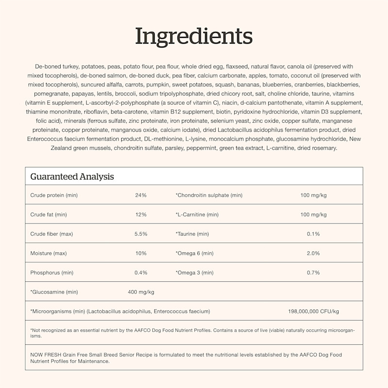 Now Fresh Small Breed Senior Recipe dog food ingredients