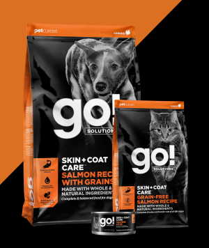 GO! SOLUTIONS SKIN + COAT CARE Salmon dry food bags for dog and cat and wet food can for cats