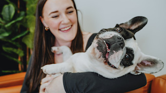 French Bulldog being held in owner's arms