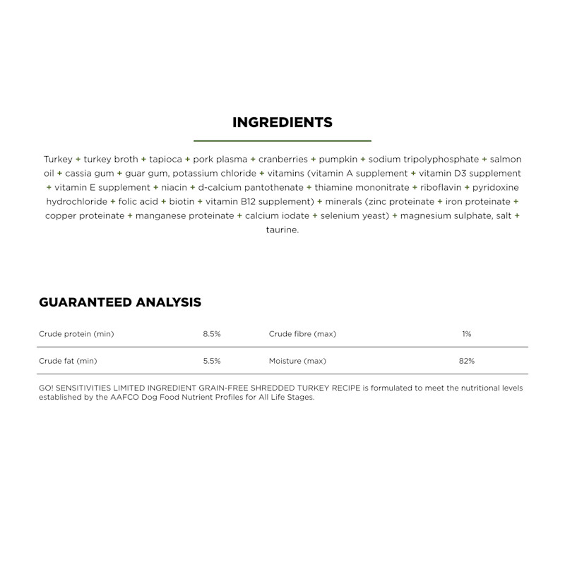 Go! Solutions Sensitivities Limited Ingredient Grain-Free Shredded Turkey Recipe wet dog food ingredients