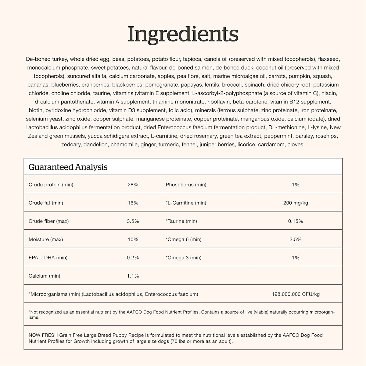 Now Fresh Large Breed Puppy Recipe dog food ingredients