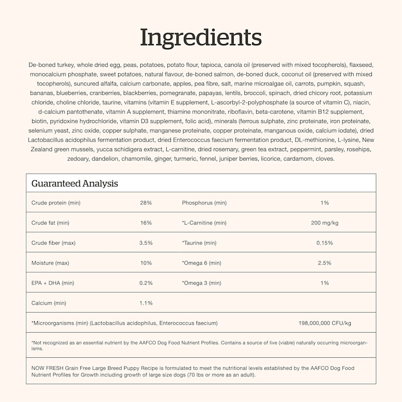 Now Fresh Large Breed Puppy Recipe dog food ingredients
