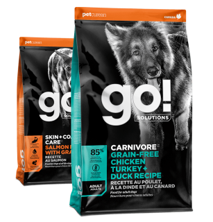 GO! SOLUTIONS SKIN + COAT CARE Salmon and CARNIVORE Chicken, Turkey + Duck dry food recipes for dogs
