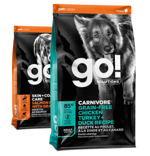 Go! Solutions Skin + Coat Care Salmon and Carnivore Chicken, Turkey + Duck dry food recipes for dogs