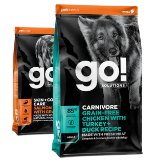 Go! Solutions Skin + Coat Care Salmon and Carnivore Chicken, Turkey + Duck dry food recipes for dogs