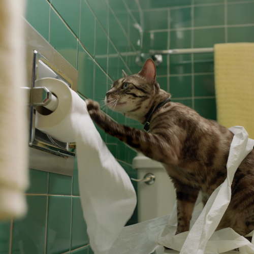 Cat unraveling toilet paper roll