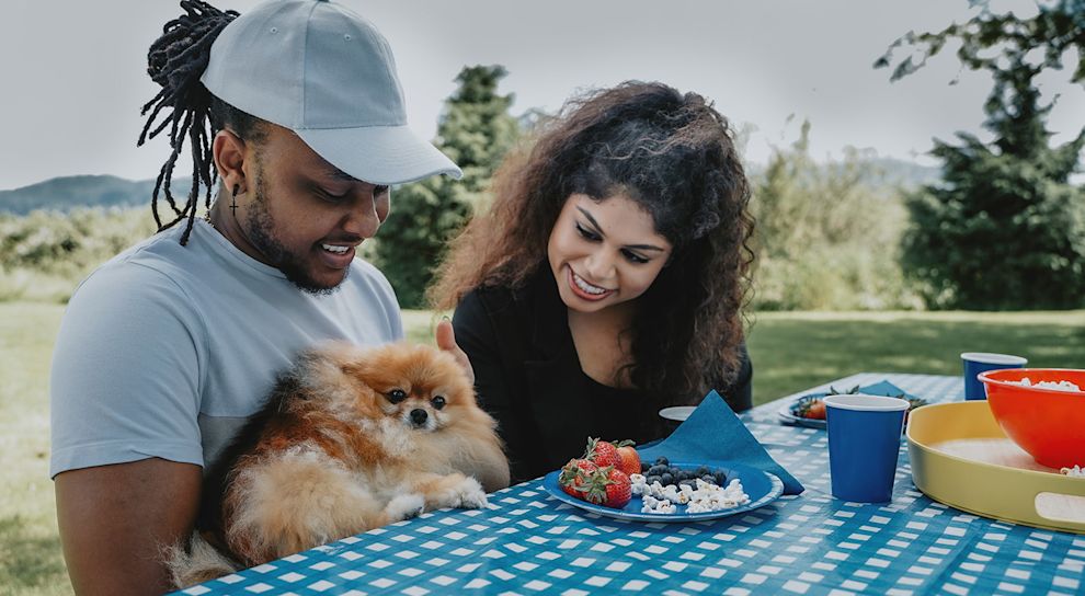 Pomeranian at picnic table with owners