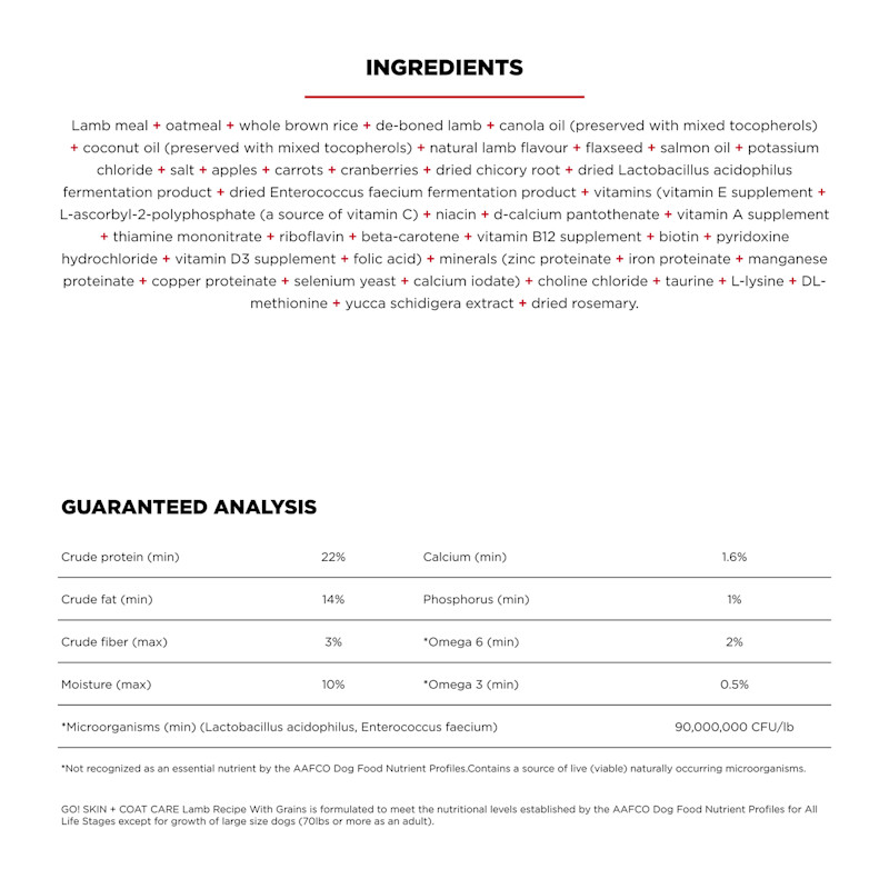 Go! Solutions Skin + Coat Care Lamb Recipe with Grains dog food ingredients