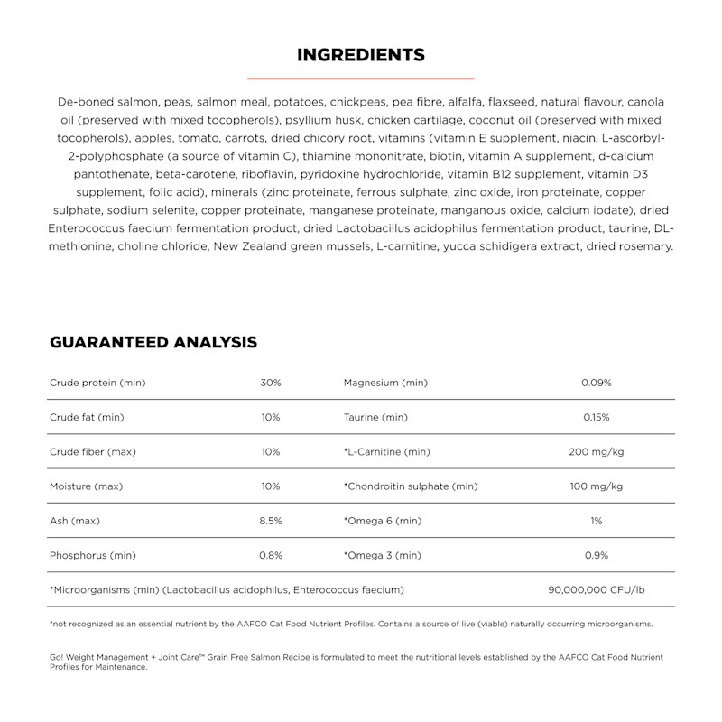 Go! Solutions Weight Management + Joint Care Grain-Free Salmon Recipe cat food ingredients