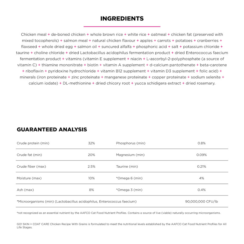 Go! Solutions Skin + Coat Care Chicken Recipe with Grains cat food ingredients