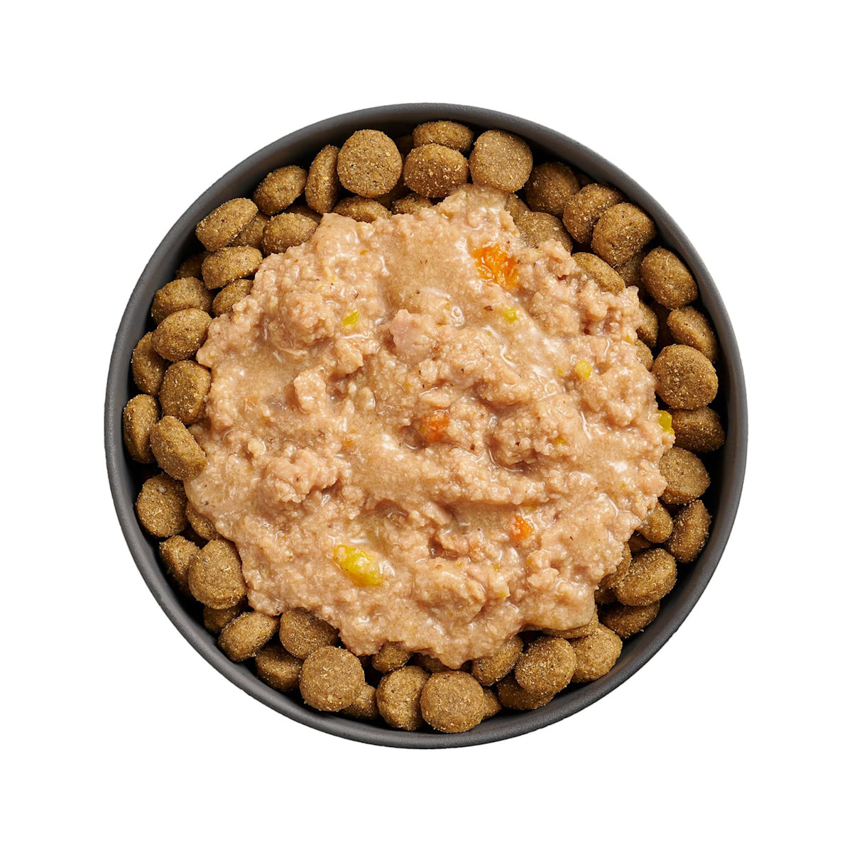 Bowl of kibble topped with Go! Booster Tranquility Chicken, Salmon + Duck Stew for dogs