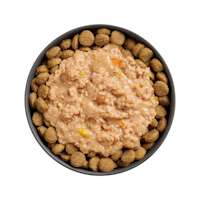 Bowl of kibble topped with Go! Booster Tranquility Chicken, Salmon + Duck Stew for dogs