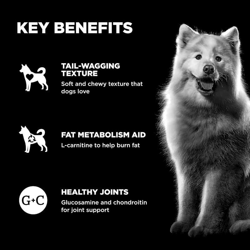 Soft and chewy texture, l-carnitine for healthy fat metabolism, and glucosamine and chondroitin for joint support