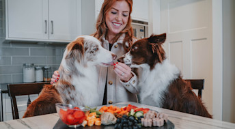 Woman feeding two dogs treats from charcuterie board