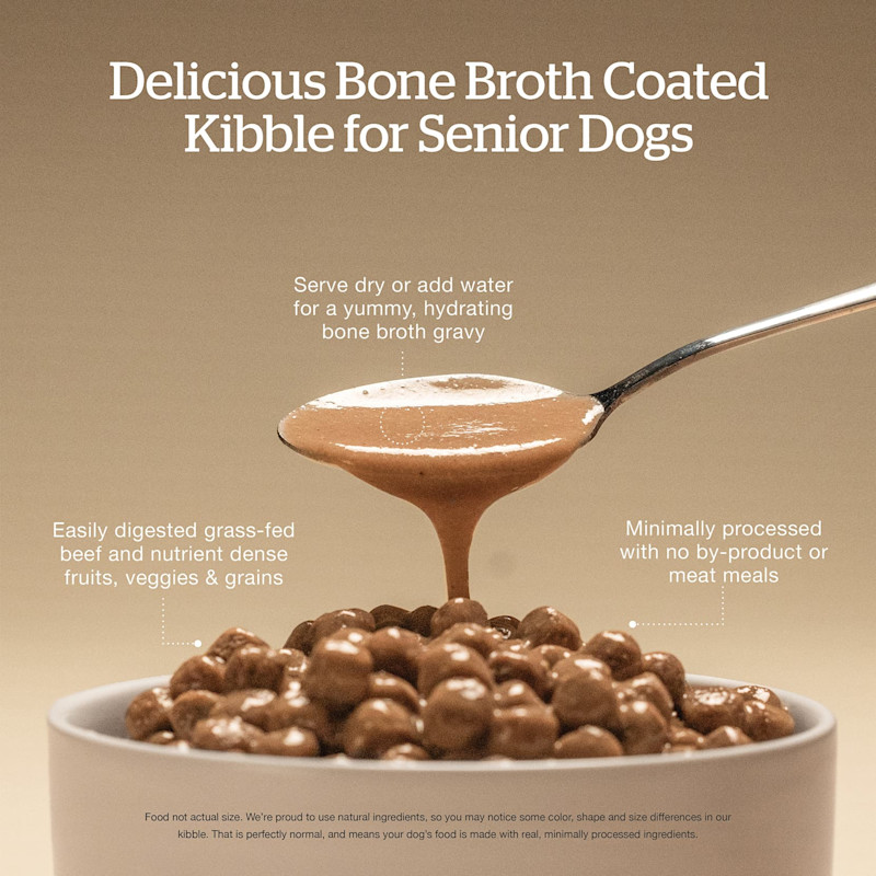 Delicious bone broth coated kibble for senior dogs