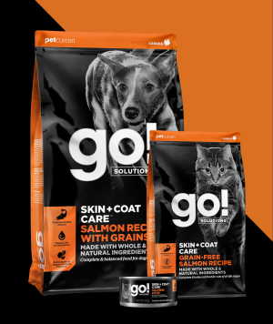 GO! SOLUTIONS SKIN + COAT CARE Salmon dry food bags for dog and cat and wet food can for cats