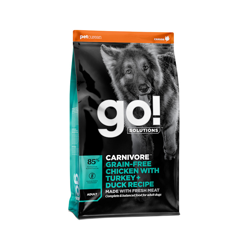 Go! Solutions Carnivore מתכון עוף ללא גרעינים עם תרנגול הודו + ברווז ללא דגנים לכלבים בוגרים