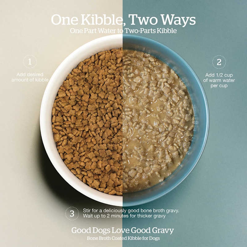 Add 1/2 cup warm water per cup of kibble and stir for a bone broth gravy