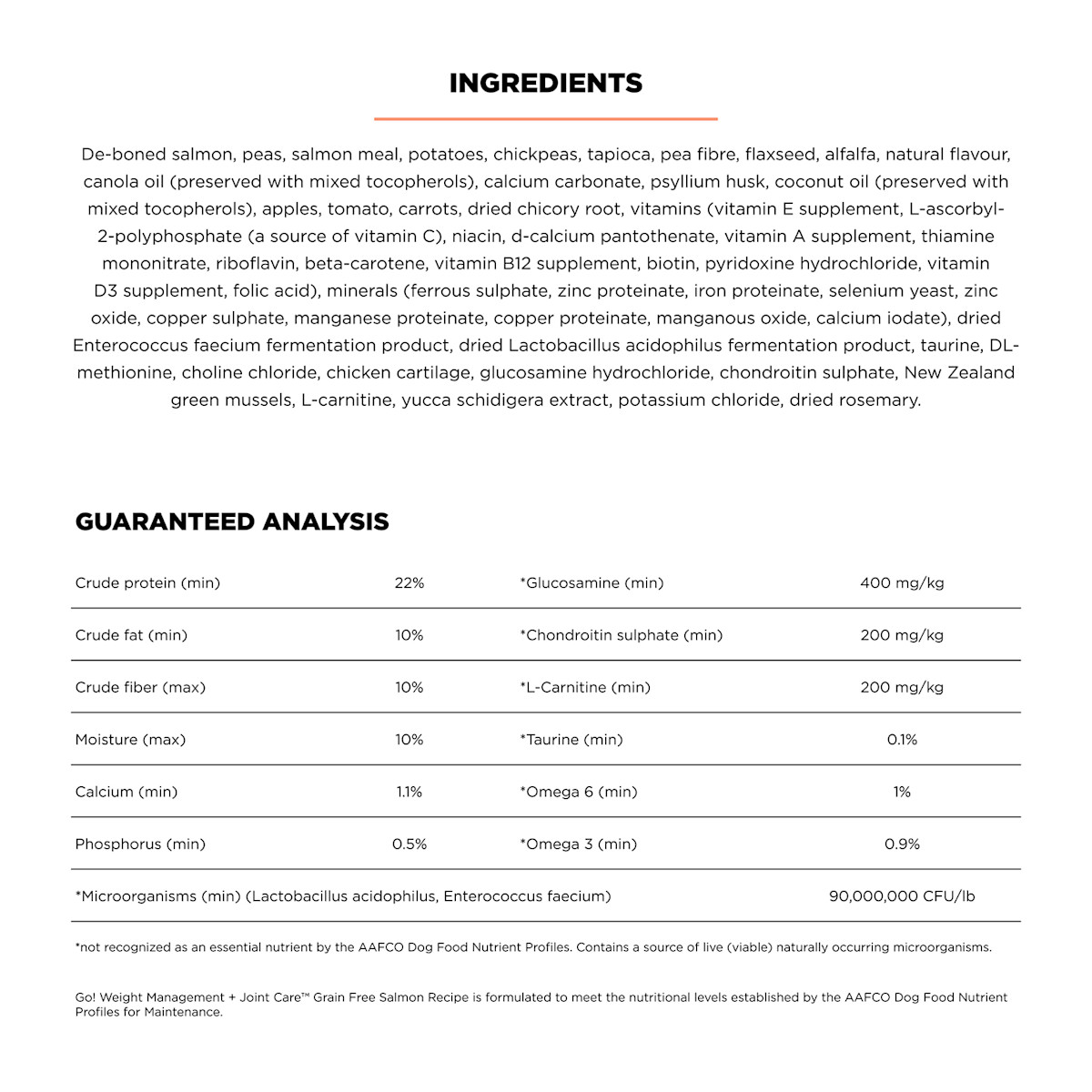 Go! Solutions Weight Management + Joint Care Grain-Free Salmon Recipe dog food ingredients