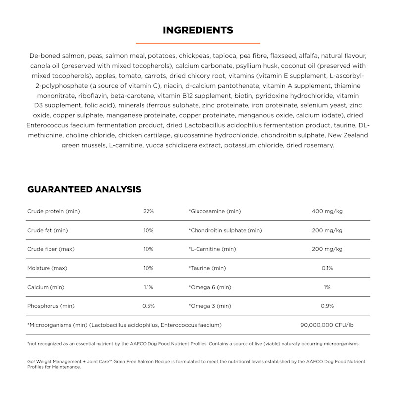 Go! Solutions Weight Management + Joint Care Grain-Free Salmon Recipe dog food ingredients