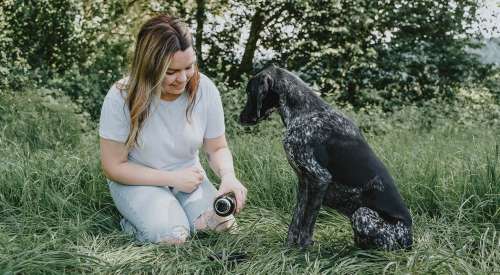 Woman with Shorthaired Pointer dog in grass pouring water into collapsible bowl
