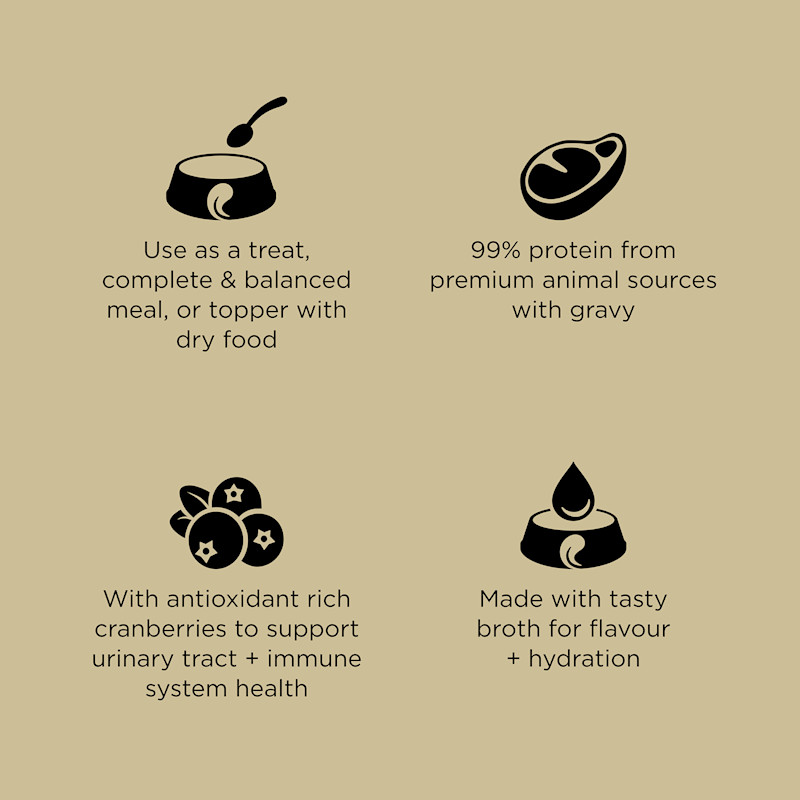 Serve as a meal or topper, 99% protein from animal sources, with antioxidant-rich ingredients, and made with tasty broth
