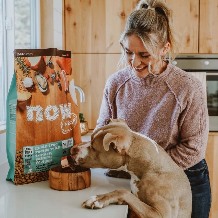 Woman in kitchen scooping NOW FRESH kibble into bowl with dog with paws on counter