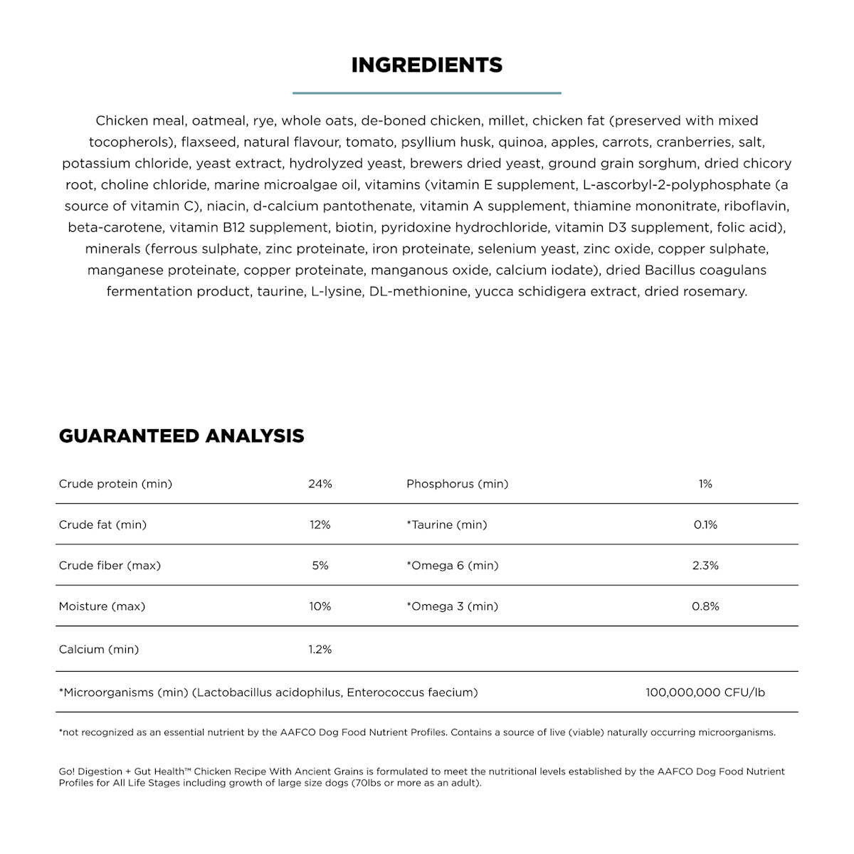 Go! Solutions Digestion + Gut Health Chicken Recipe with Ancient Grains dog food ingredients