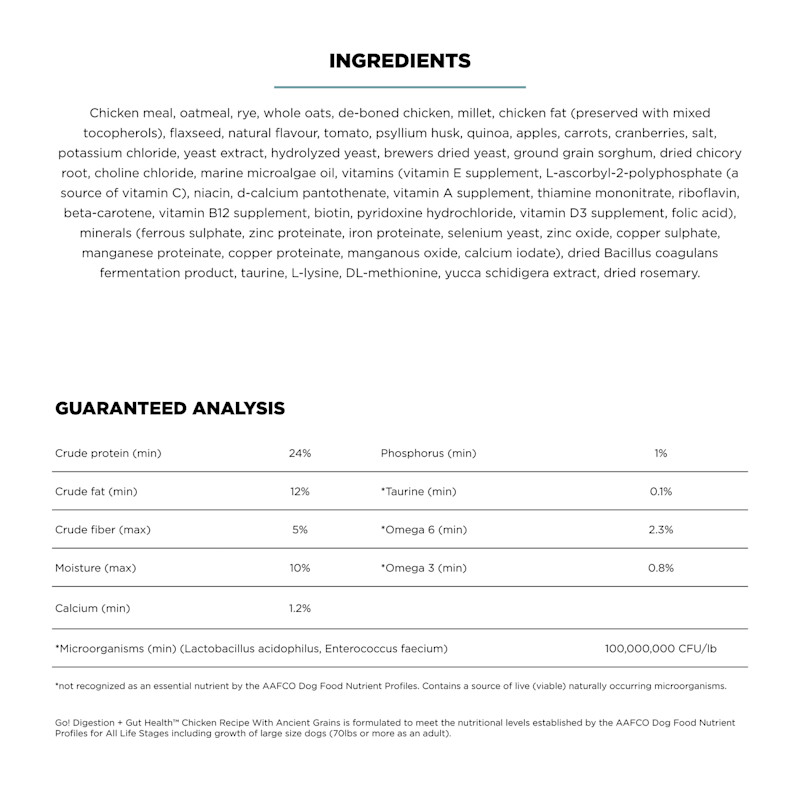 Go! Solutions Digestion + Gut Health Chicken Recipe with Ancient Grains dog food ingredients
