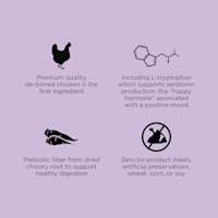 Premium-quality chicken, L-trypophan for serotonin production, prebiotic fibre, and zero by-product meals