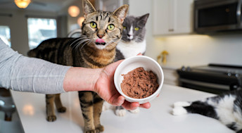 Two cats with bowl of wet cat food