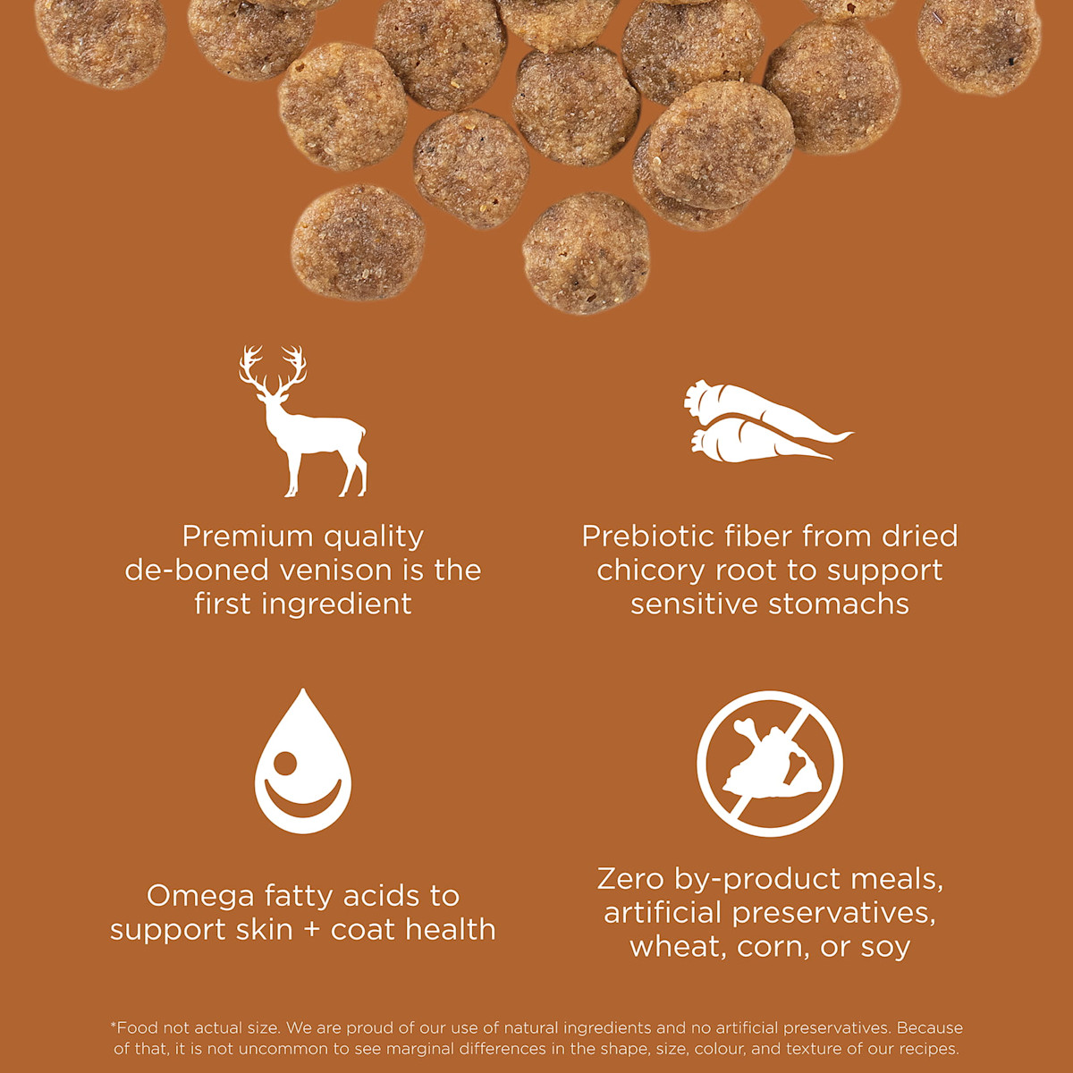 Premium-quality de-boned venison as the first ingredient, prebiotic fiber from chicory root, omega fatty acids, and zero by-product meals