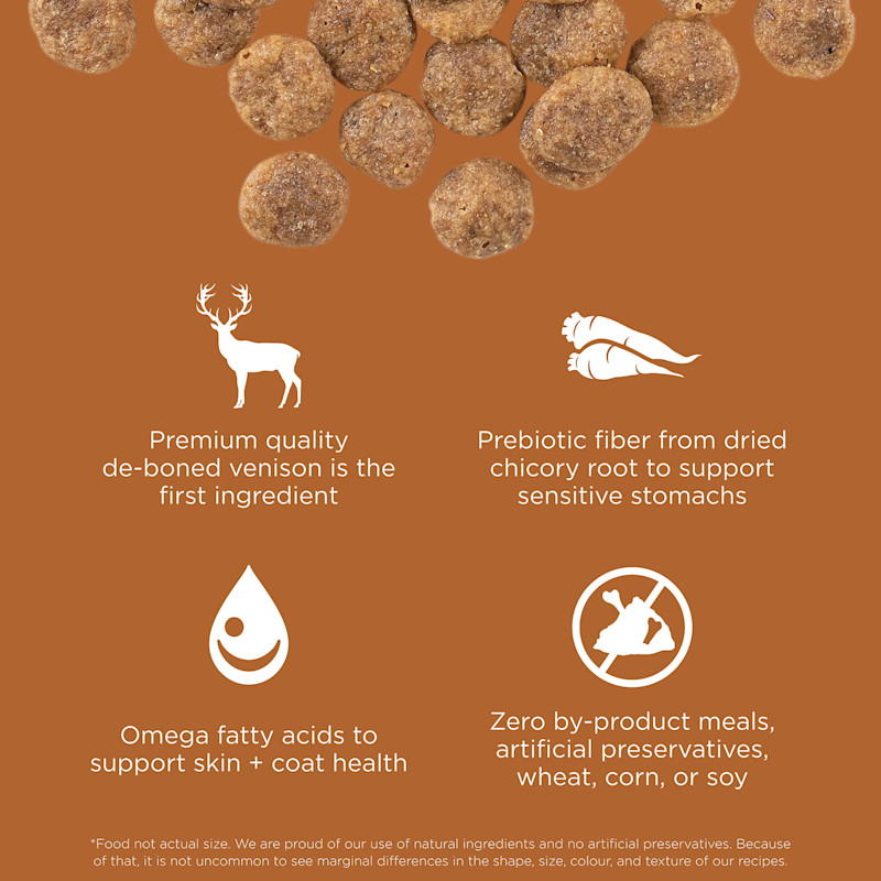 Premium-quality de-boned venison as the first ingredient, prebiotic fiber from chicory root, omega fatty acids, and zero by-product meals