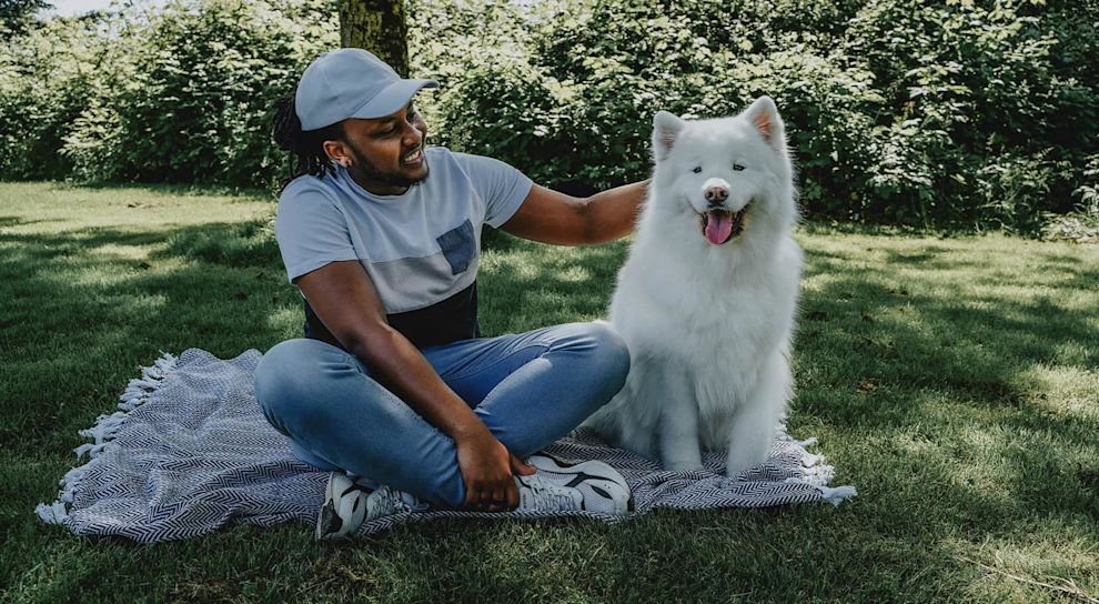 Pet parent and white Samoyed dog sitting on a picnic blanket under a tree