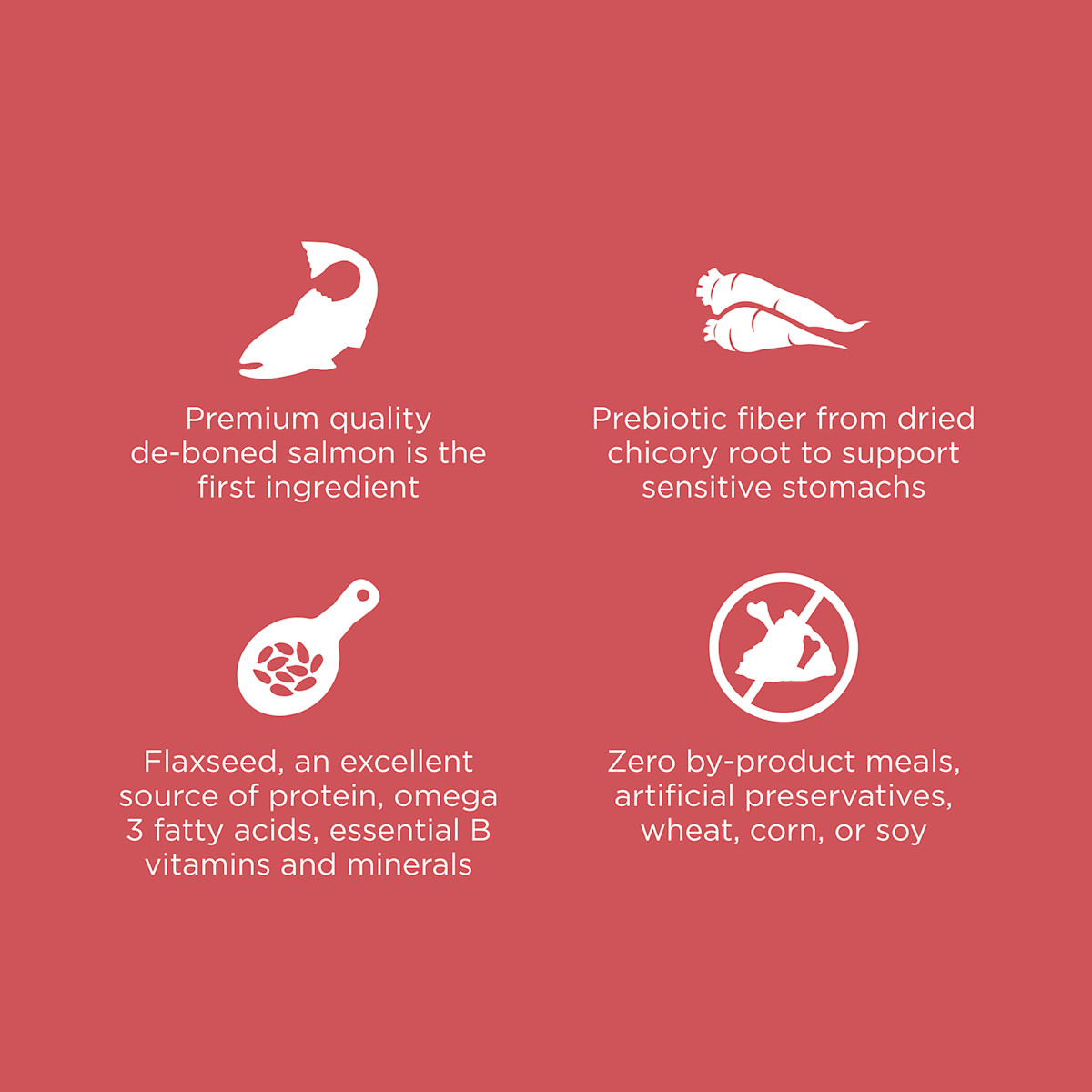 Premium-quality de-boned salmon, prebiotic fiber, flaxseed, and zero by-product meals
