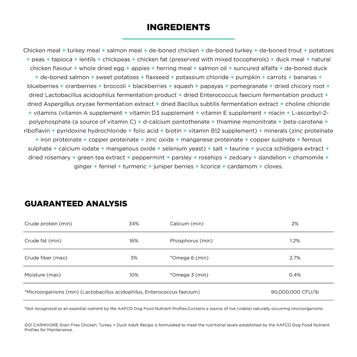 Go! Solutions Carnivore Grain-Free Chicken, Turkey + Duck Adult Recipe dog food ingredients