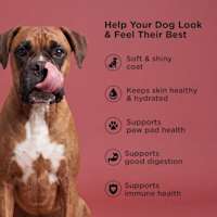 Soft and shiny coat, keeps skin healthy and hydrated, supports paw pad health, supports good digestion, supports immune health