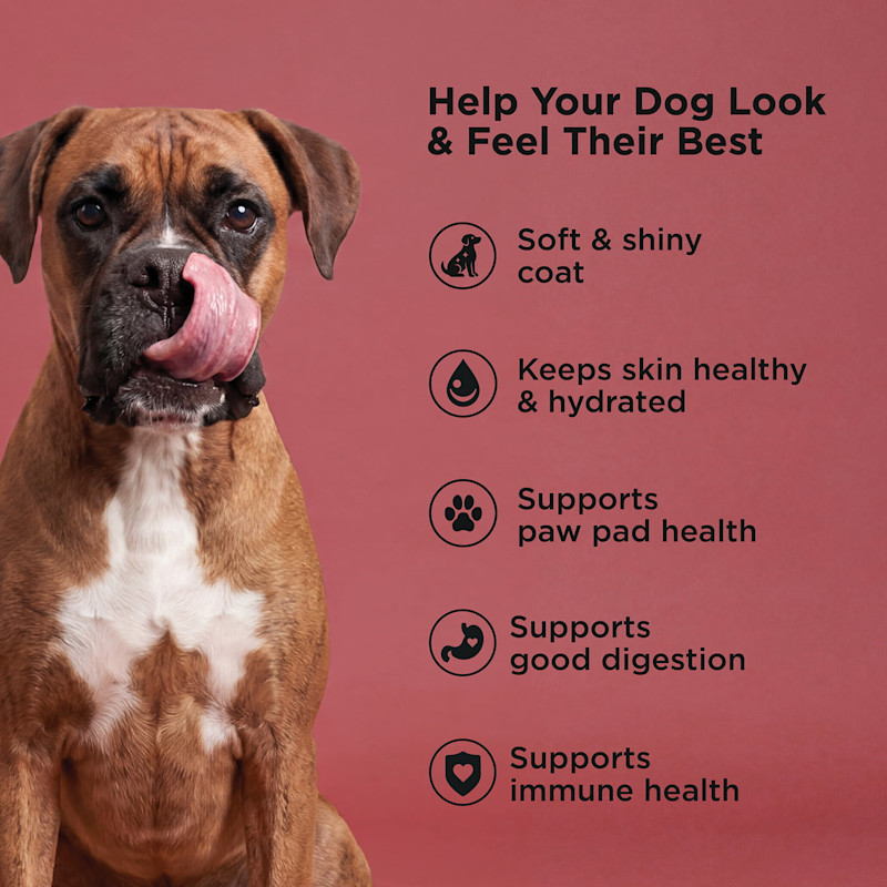 Soft and shiny coat, keeps skin healthy and hydrated, supports paw pad health, supports good digestion, supports immune health