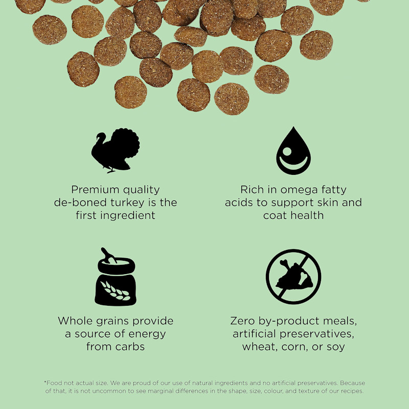 Premium-quality de-boned turkey is the first ingredient, rich in omega fatty acids, with whole grains, and zero by-product meals