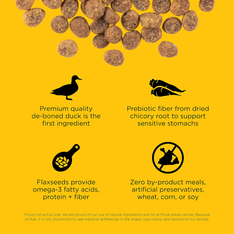 Premium-quality de-boned duck, prebiotic fiber, flaxseeds, and zero by-product meals