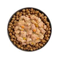 Bowl of kibble topped with Go! Booster Brain Health Minced Chicken + Salmon recipe for cats