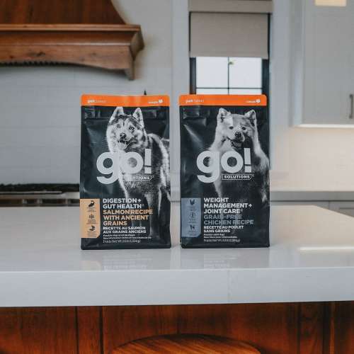 GO! SOLUTIONS DIGESTION + GUT HEALTH and WEIGHT MANAGEMENT + JOINT CARE dry dog food on counter