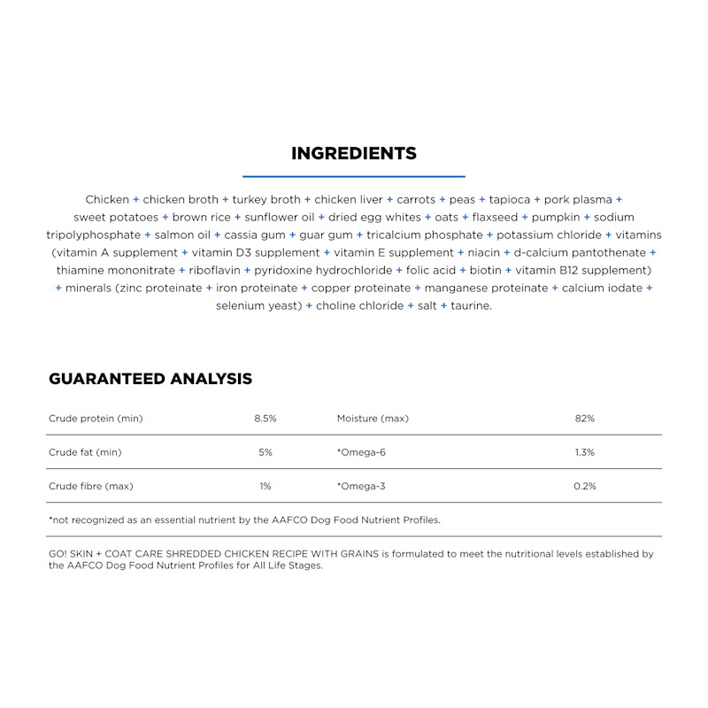 Go! Solutions Skin + Coat Care Shredded Chicken Recipe with Grains wet dog food ingredients