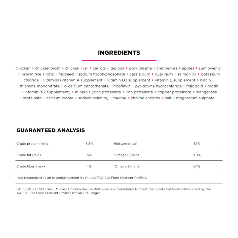 Go! Solutions Skin + Coat Care Minced Chicken Recipe with Grains wet cat food ingredients